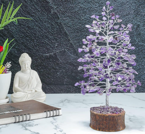 Pushkar Amethyst Crystal Tree With Silver Wire And 100 Beads 10-12 Inch